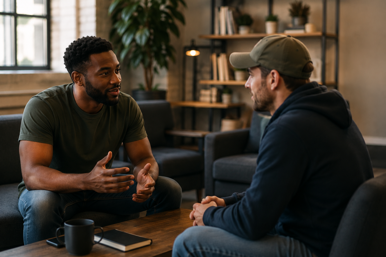 Community members connecting over coffee