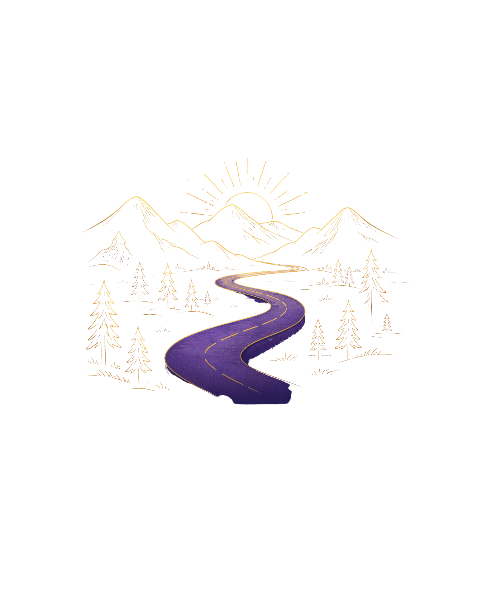 Illustrated winding road toward mountains at sunrise